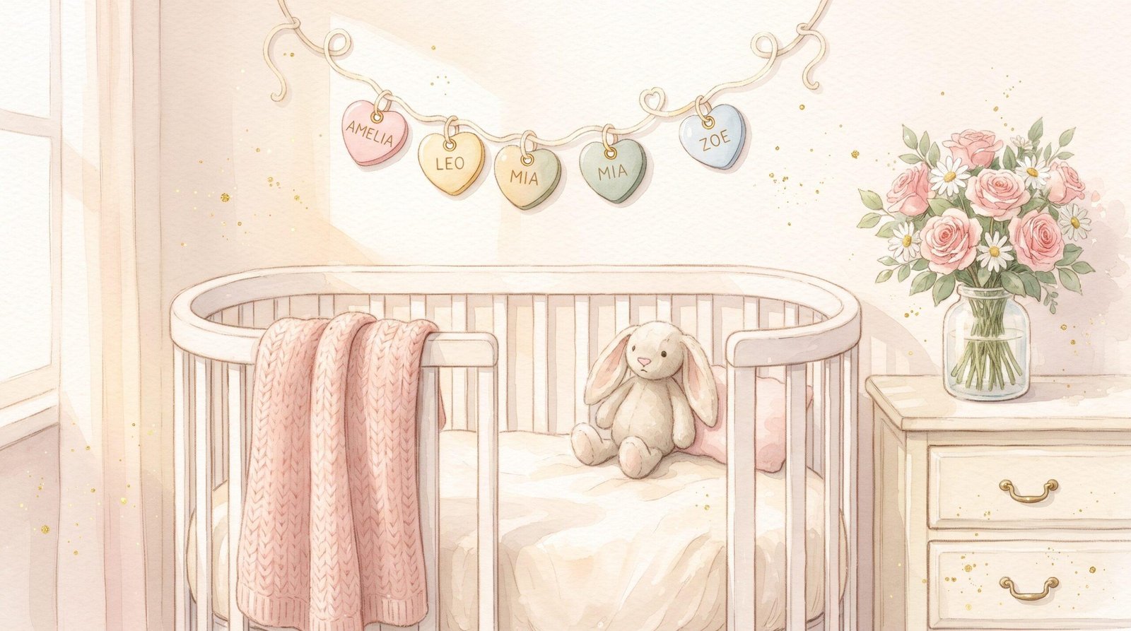 Watercolor nursery with a crib, a bunny, and a garland of heart name tags reading Amelia, Leo, Mia and Zoe