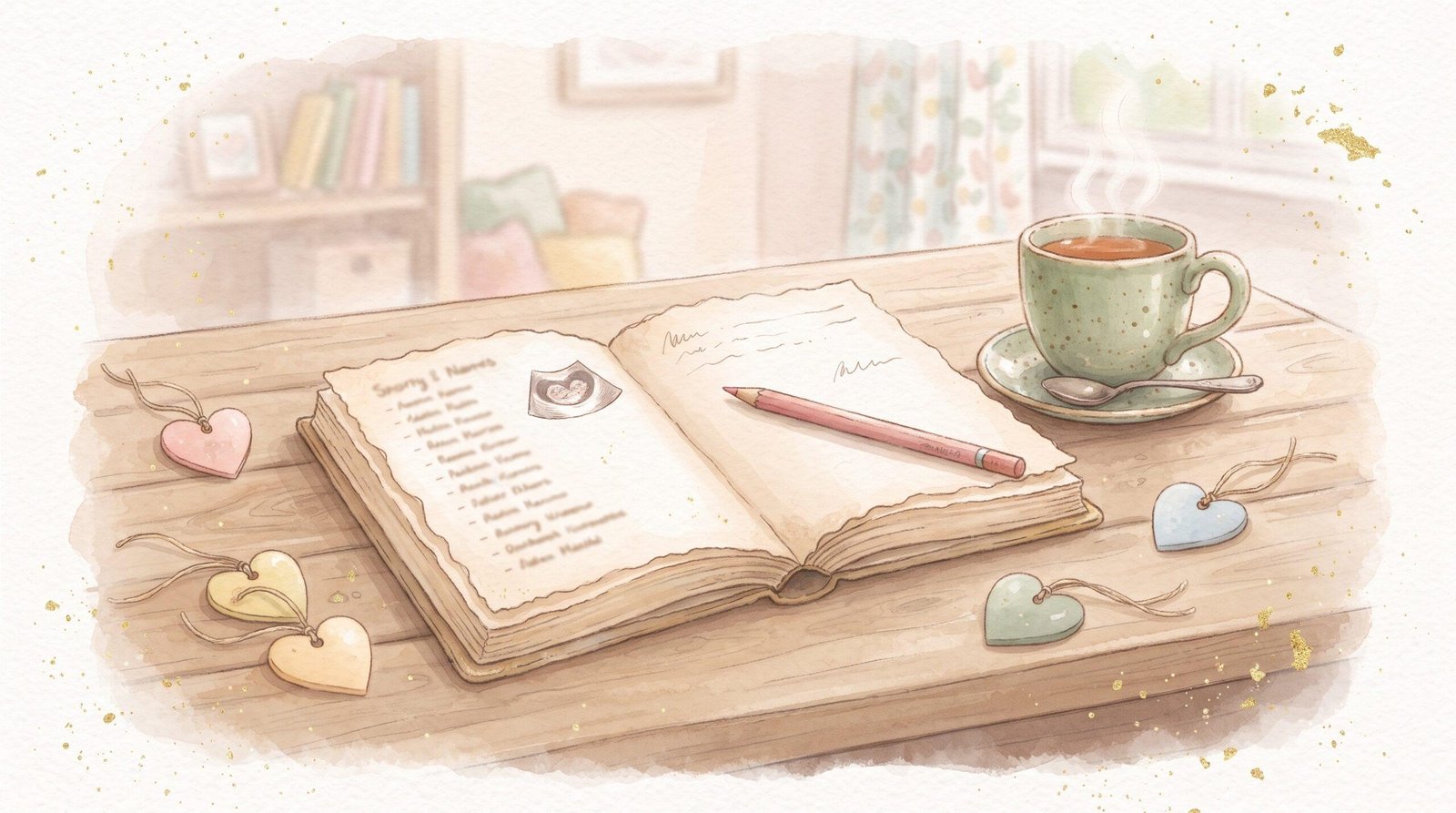 Watercolor open journal with a baby name list, a pencil, a cup of tea and heart-shaped name tags on a wooden desk