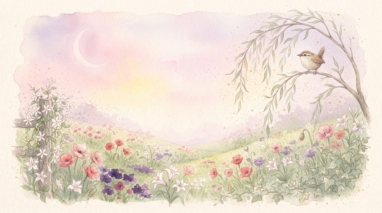 Watercolor meadow of poppies, lilies, violets and jasmine under a crescent moon, with a wren perched on a willow branch