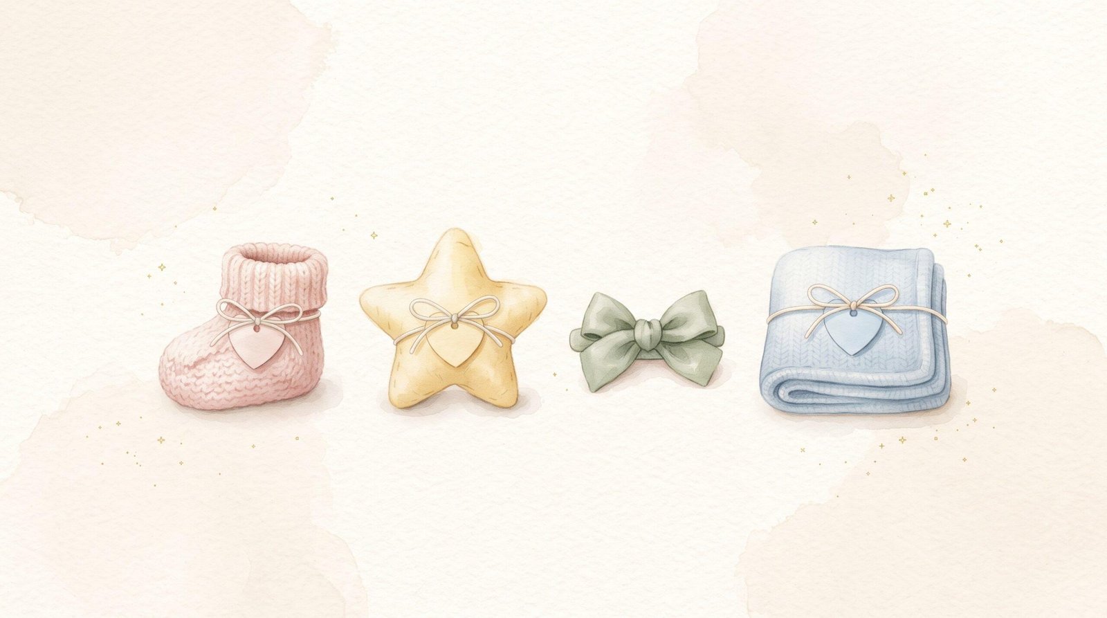 Watercolor baby items in a row: a pink knitted bootie, a star pillow, a sage bow and a folded blue blanket, each with a heart tag