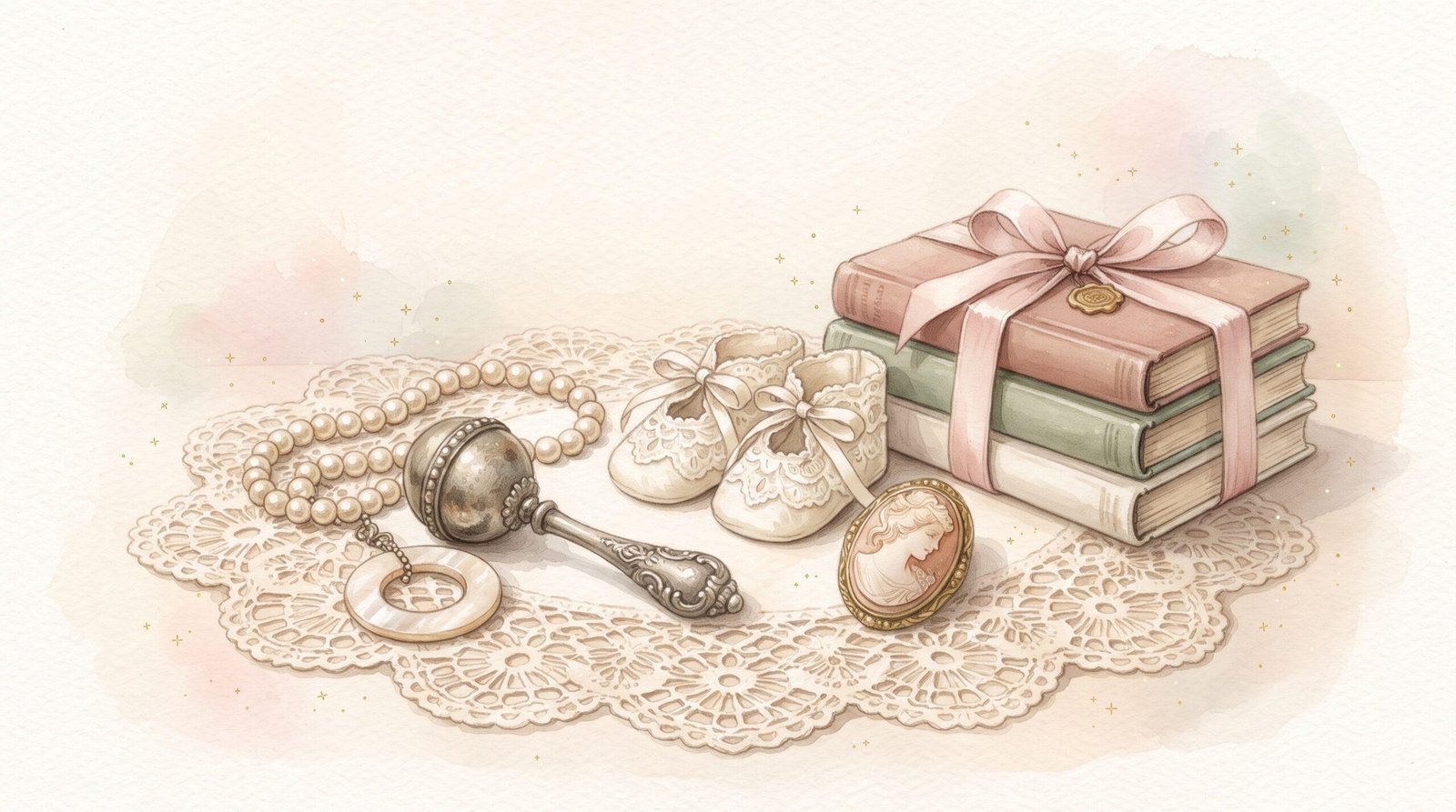 Watercolor vintage baby keepsakes: lace booties, a silver rattle, pearls, a cameo and ribbon-tied books on a lace doily