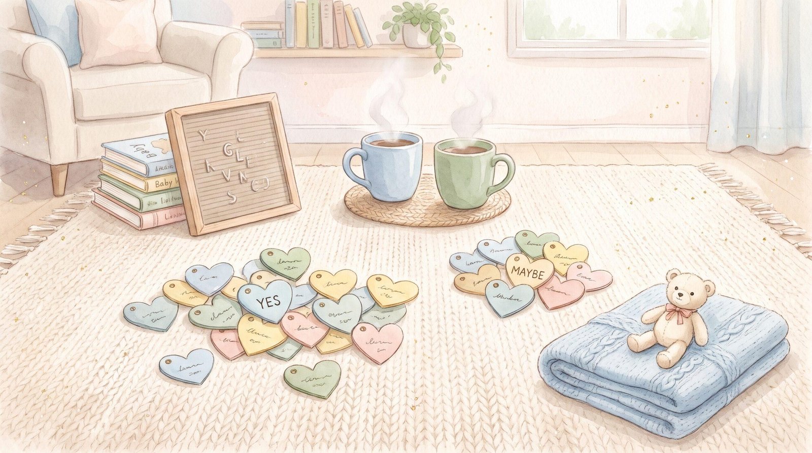 Watercolor illustration of a cozy living room with two piles of heart-shaped name tags, two mugs of coffee and a teddy bear on a folded blue blanket