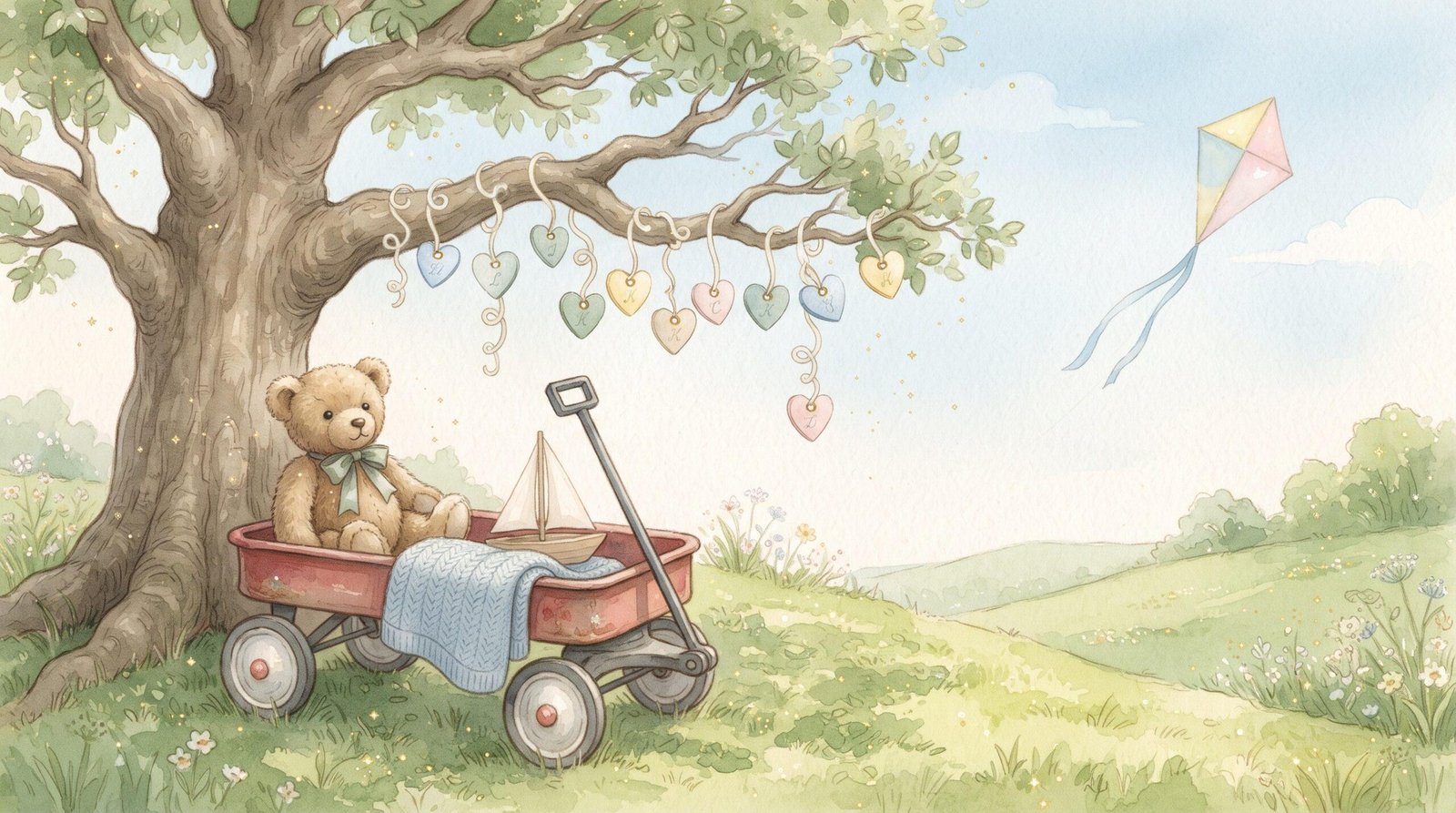 Watercolor illustration of a teddy bear sitting in a red wagon under a tree with heart-shaped name tags hanging from the branches and a kite in the sky