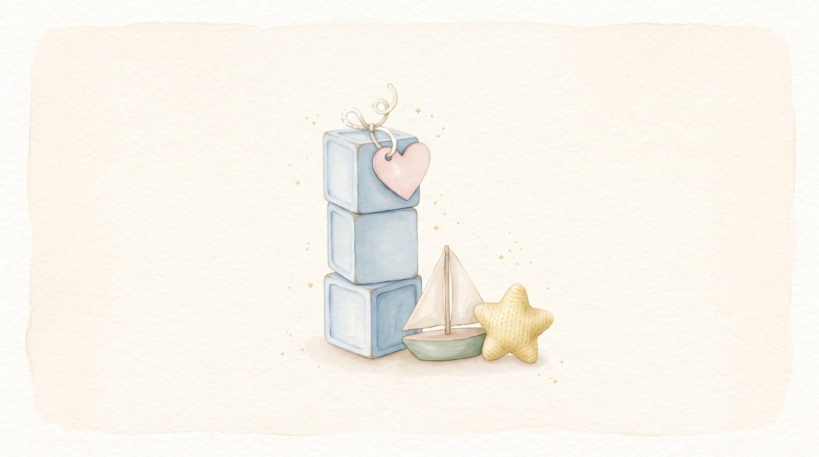 Watercolor illustration of stacked blue baby blocks with a pink heart name tag, a toy sailboat and a knitted star