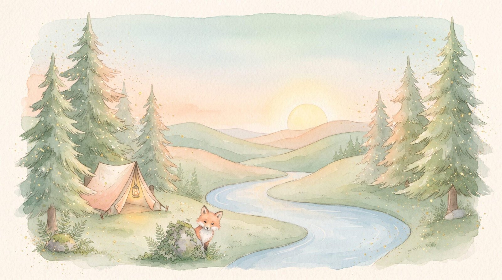 Watercolor illustration of a forest campsite with a tent and lantern beside a winding river at sunset, with a small fox