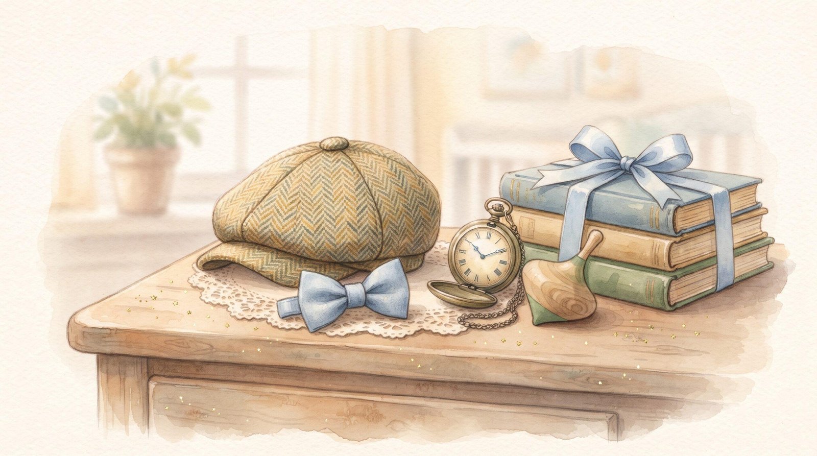 Watercolor illustration of vintage baby boy keepsakes: a tweed flat cap, a pocket watch, a blue bow tie and a stack of ribbon-tied books