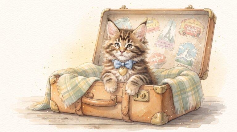 Watercolor illustration of a fluffy tabby kitten wearing a blue bow tie and a gold heart tag, sitting in an open vintage suitcase with travel stickers