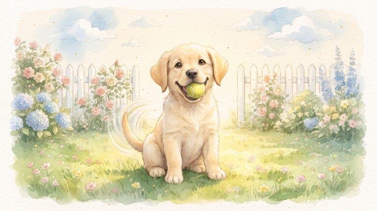 Watercolor illustration of a happy golden retriever puppy holding a tennis ball in his mouth, sitting in a flower garden by a white picket fence