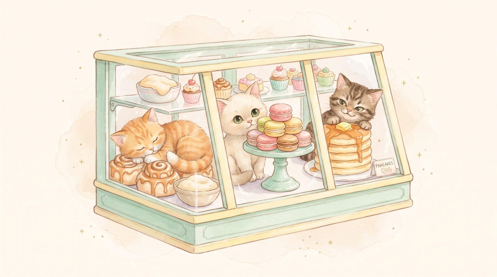 Watercolor illustration of three kittens inside a bakery display case with cinnamon rolls, macarons and a stack of pancakes