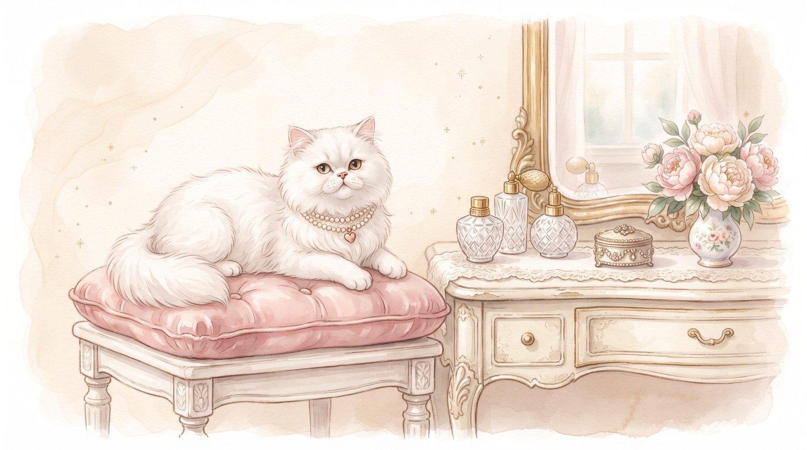Watercolor illustration of an elegant white Persian cat wearing a pearl necklace, lounging on a pink cushion beside a vanity table