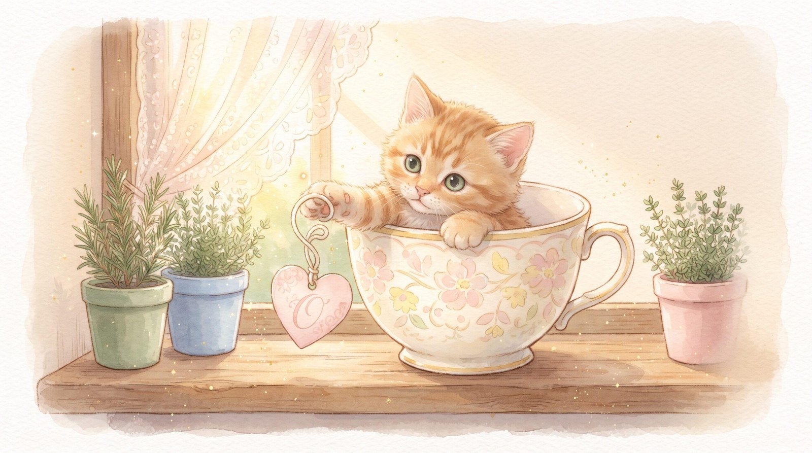 Watercolor illustration of a tiny ginger kitten sitting inside a floral teacup on a sunny windowsill, holding a pink heart tag