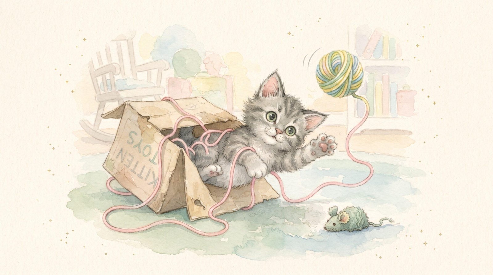 Watercolor illustration of a grey kitten playing with a ball of pink yarn inside a cardboard box