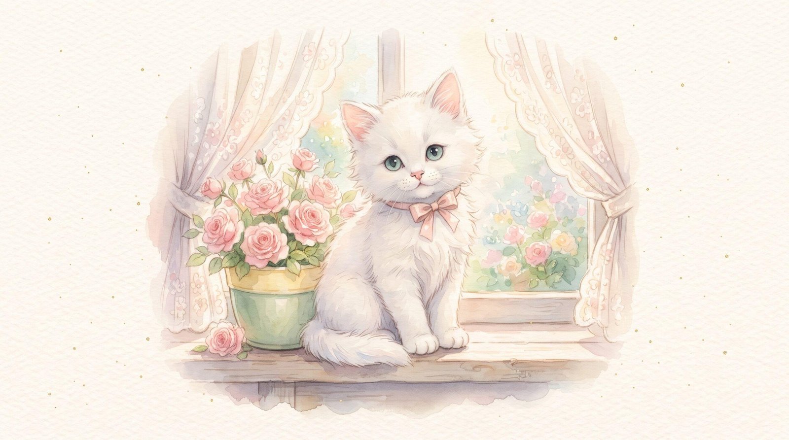 Watercolor illustration of a fluffy white kitten with a pink bow sitting on a windowsill beside a pot of pink roses