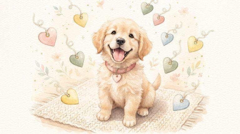Watercolor golden puppy wearing a pink collar with a heart tag, surrounded by floating heart-shaped name tags