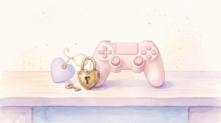 Watercolor illustration of a pink game controller on a shelf with a gold heart-shaped padlock, a tiny key and a lavender heart tag