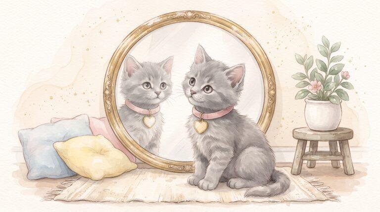 Watercolor illustration of a grey kitten with a pink collar and heart tag admiring her reflection in a gold oval mirror