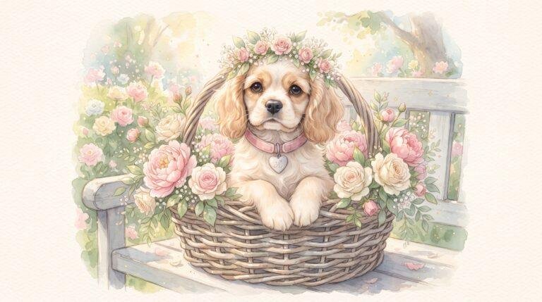 Watercolor illustration of a cocker spaniel puppy wearing a crown of pink roses, sitting in a wicker basket of roses on a garden bench
