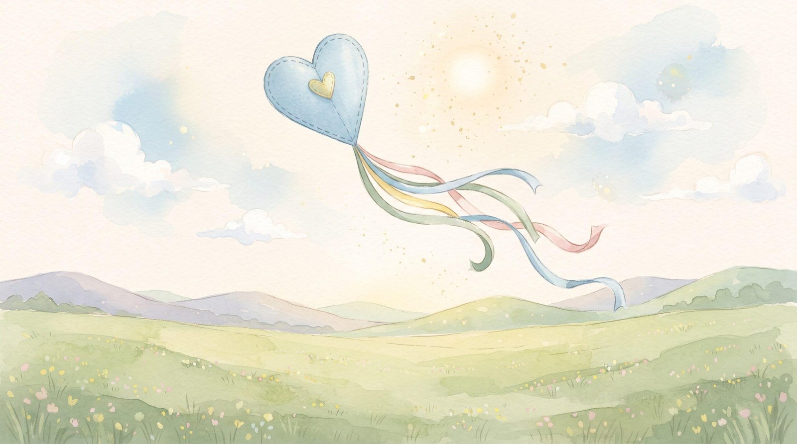 Watercolor illustration of a blue heart-shaped kite with long ribbon tails flying over green rolling hills