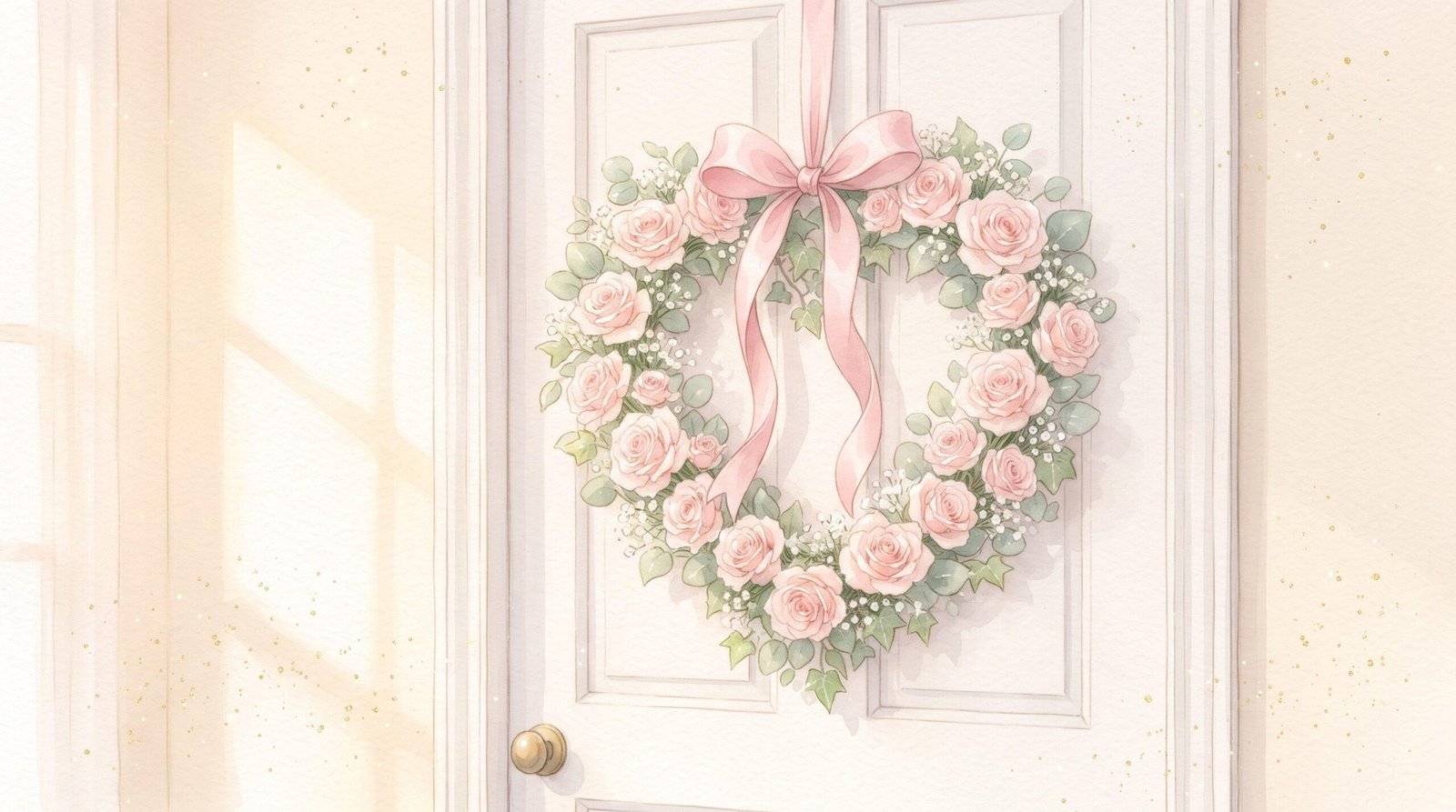 Watercolor illustration of a heart-shaped wreath of pink roses with a pink ribbon bow, hanging on a white door