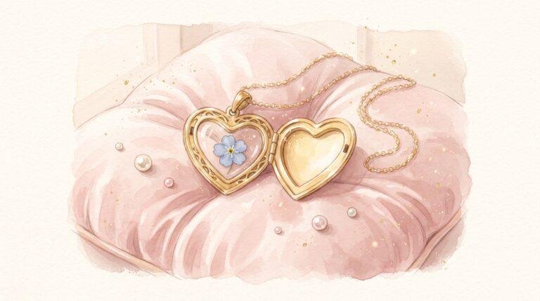 Watercolor illustration of an open gold heart locket with a forget-me-not flower, resting on a pink cushion with pearls