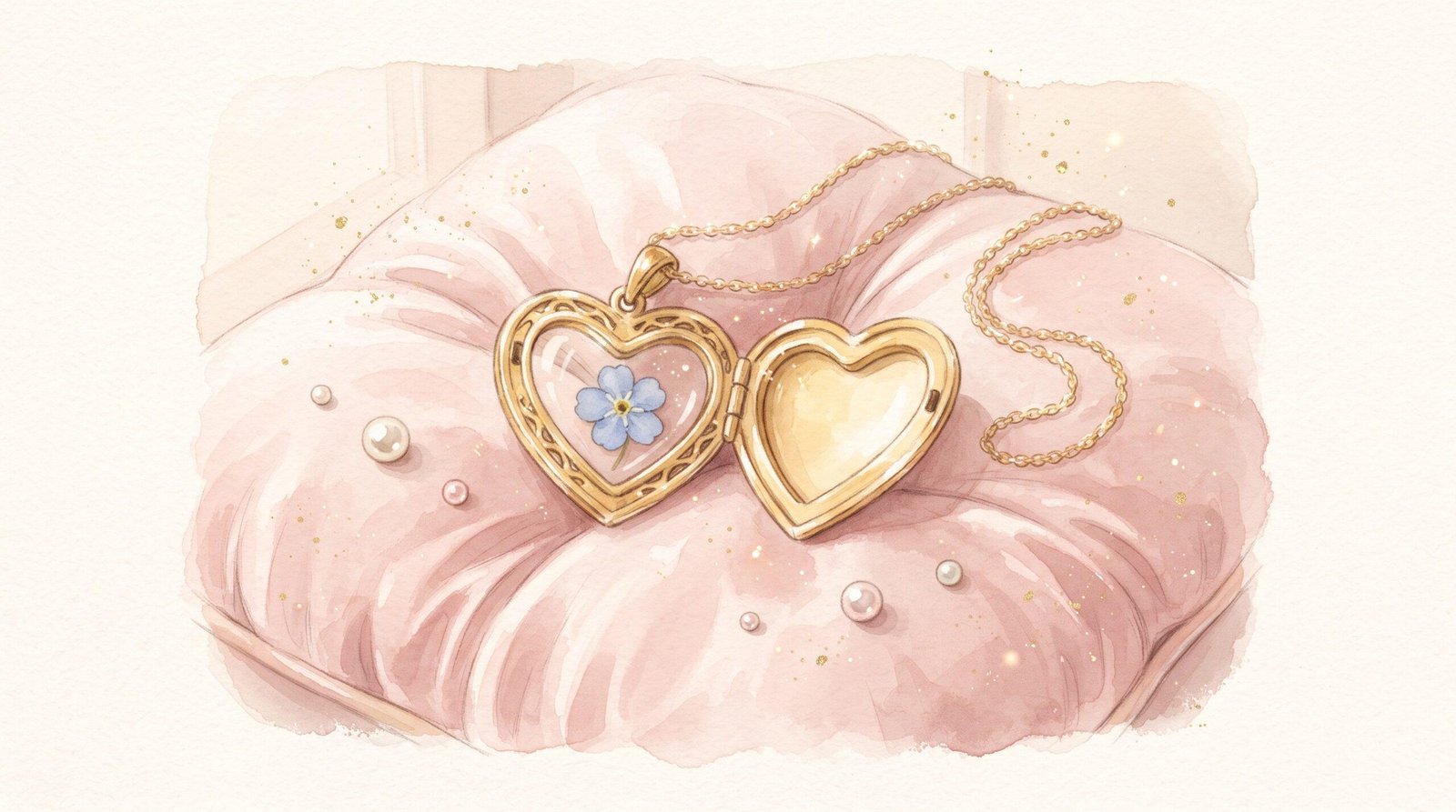 Watercolor illustration of an open gold heart locket with a forget-me-not flower, resting on a pink cushion with pearls