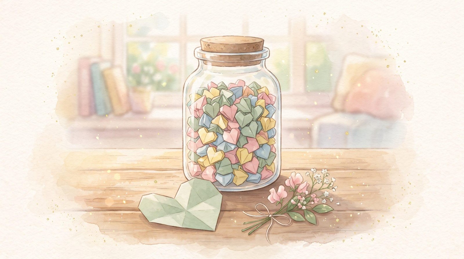 Watercolor illustration of a glass jar filled with pastel paper hearts on a wooden table, with a small bouquet of flowers