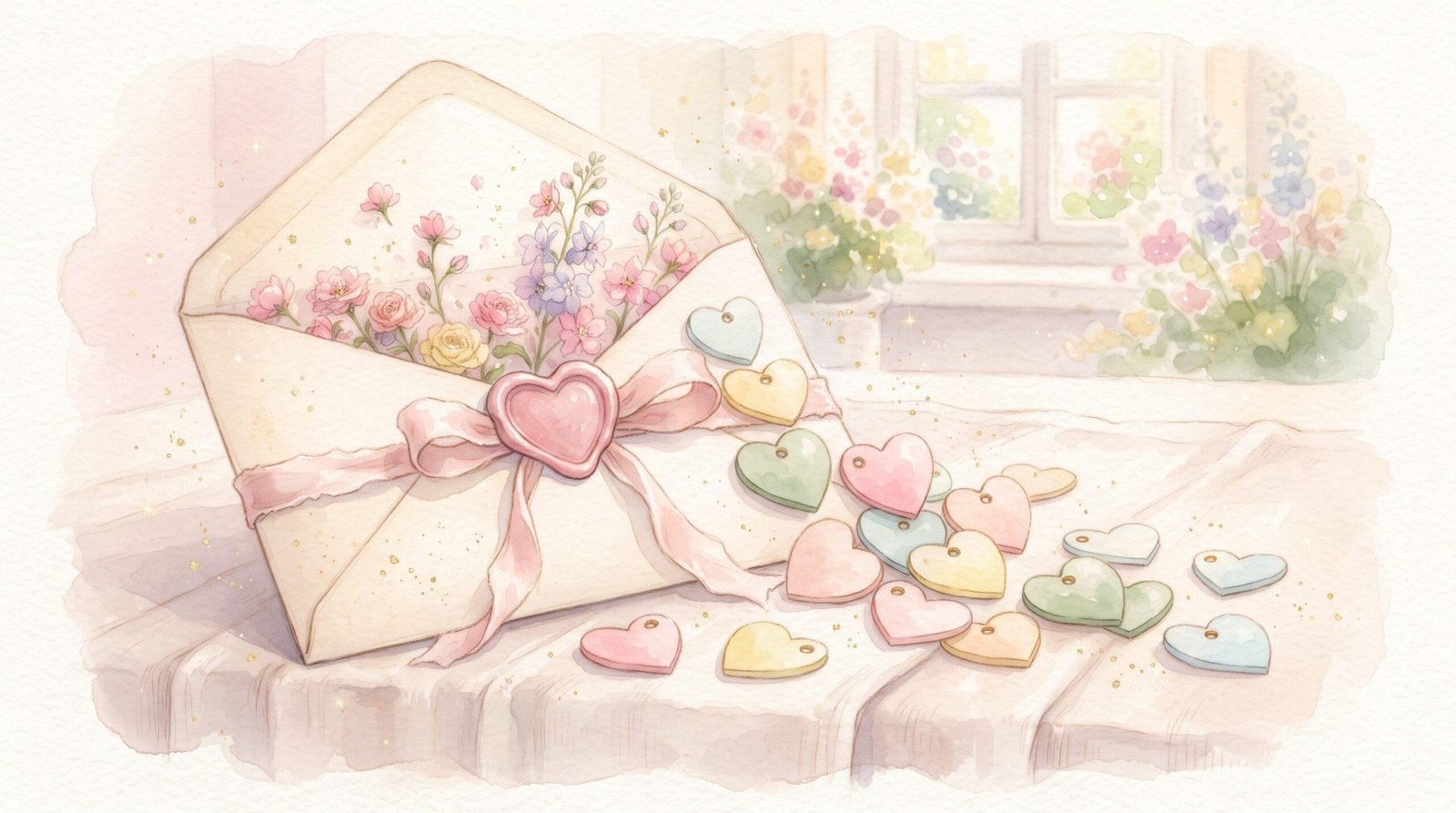 Watercolor illustration of an open envelope sealed with a pink heart, spilling pastel heart name tags and flowers onto a table