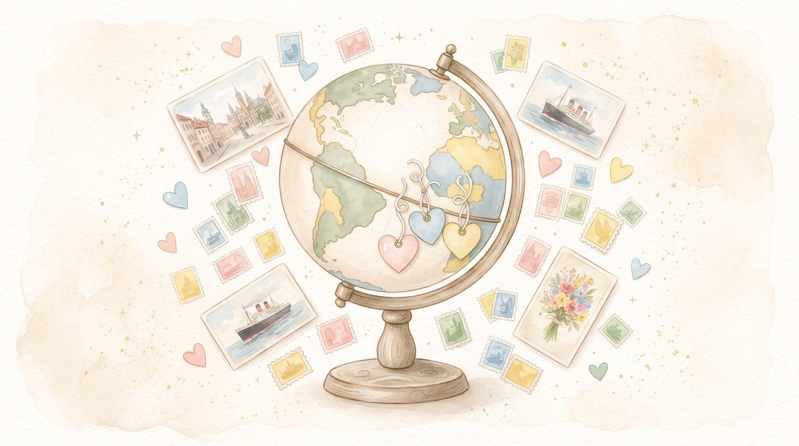 Watercolor illustration of a vintage globe with heart tags, surrounded by postage stamps and postcards from around the world