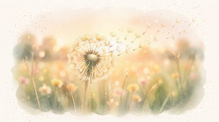 Watercolor illustration of a dandelion seed head with seeds drifting away in warm golden light over a meadow