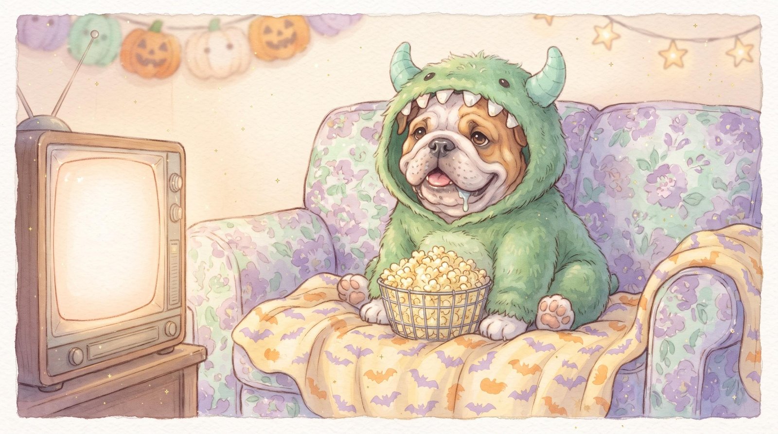 Watercolor illustration of a bulldog in a green monster costume watching a vintage TV with a basket of popcorn and a pumpkin garland