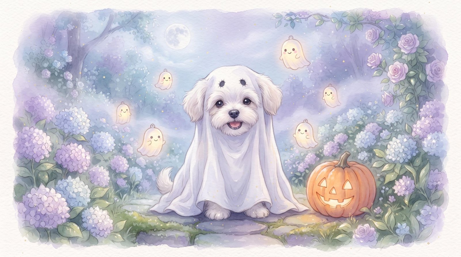 Watercolor illustration of a white dog in a ghost costume in a moonlit garden with floating ghost lanterns and a jack-o-lantern