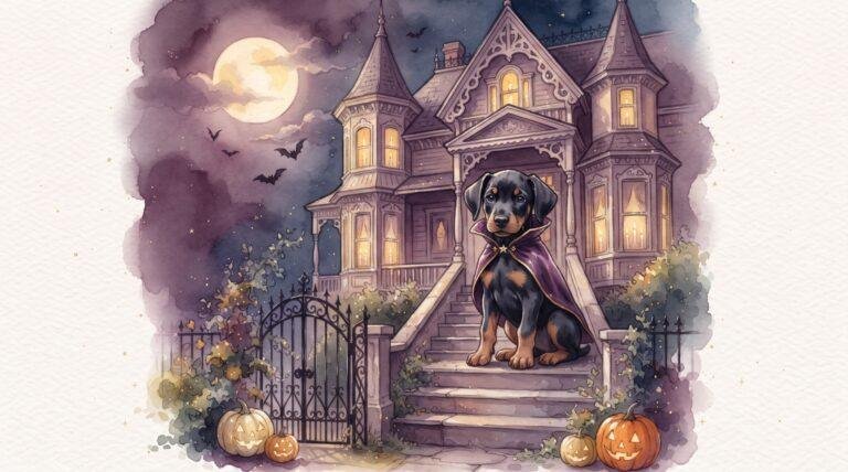 Watercolor illustration of a Doberman puppy in a vampire cape on the steps of a haunted house under a full moon, with bats and jack-o-lanterns