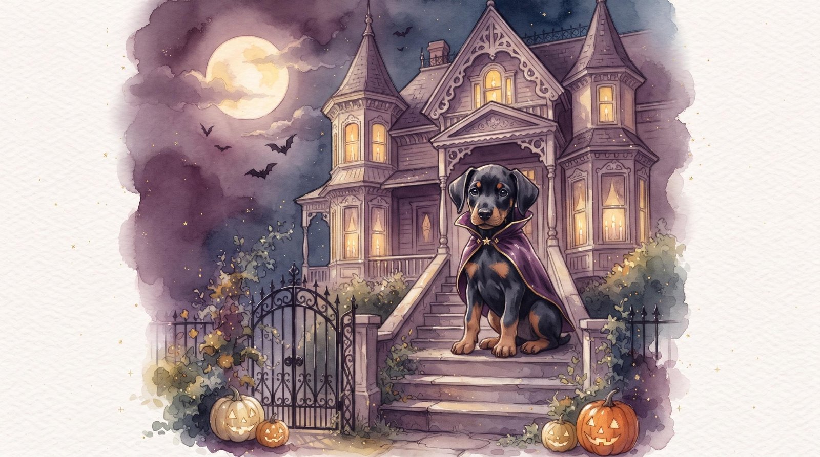 Watercolor illustration of a Doberman puppy in a vampire cape on the steps of a haunted house under a full moon, with bats and jack-o-lanterns