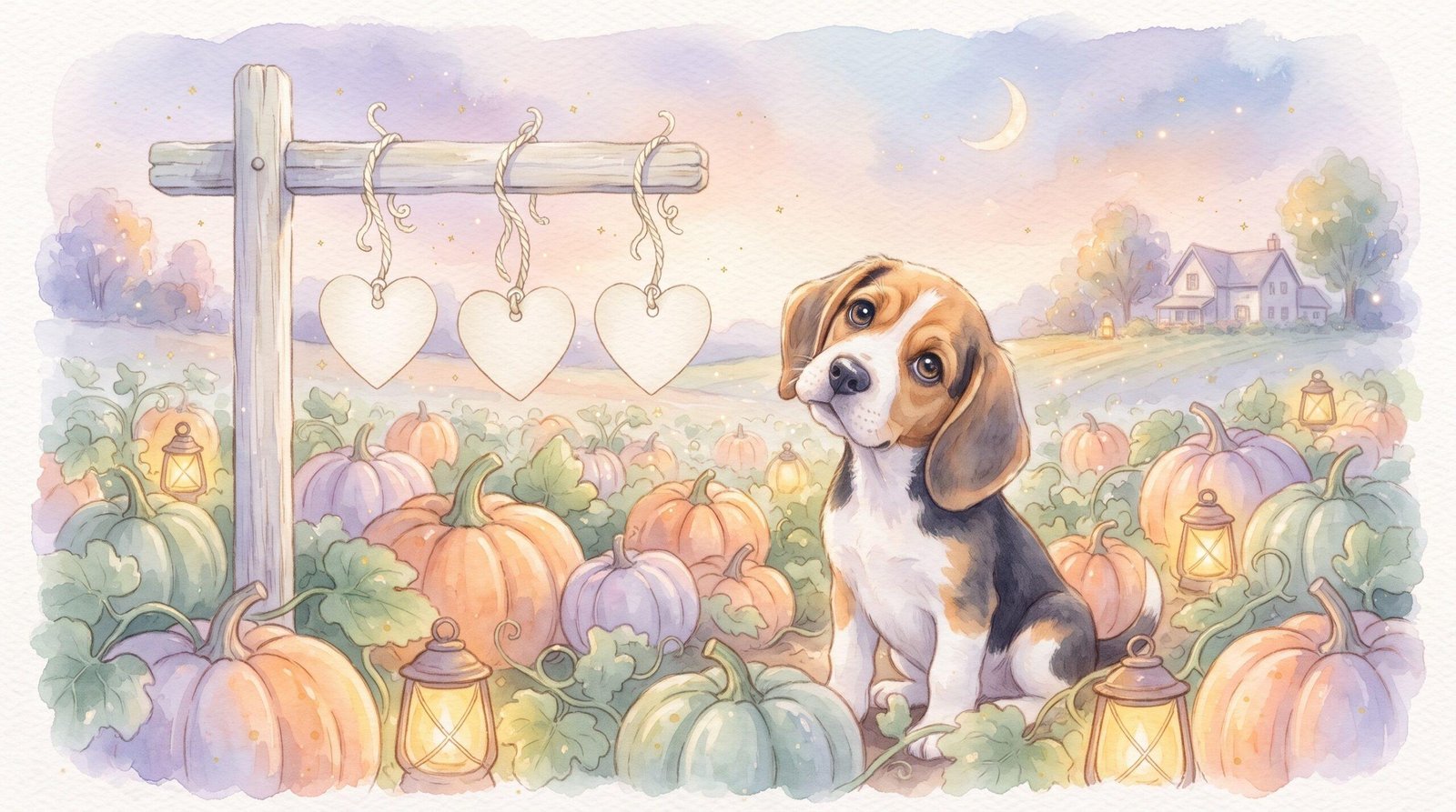 Watercolor illustration of a beagle puppy in a pumpkin patch at dusk with glowing lanterns, hanging heart-shaped tags, and a crescent moon