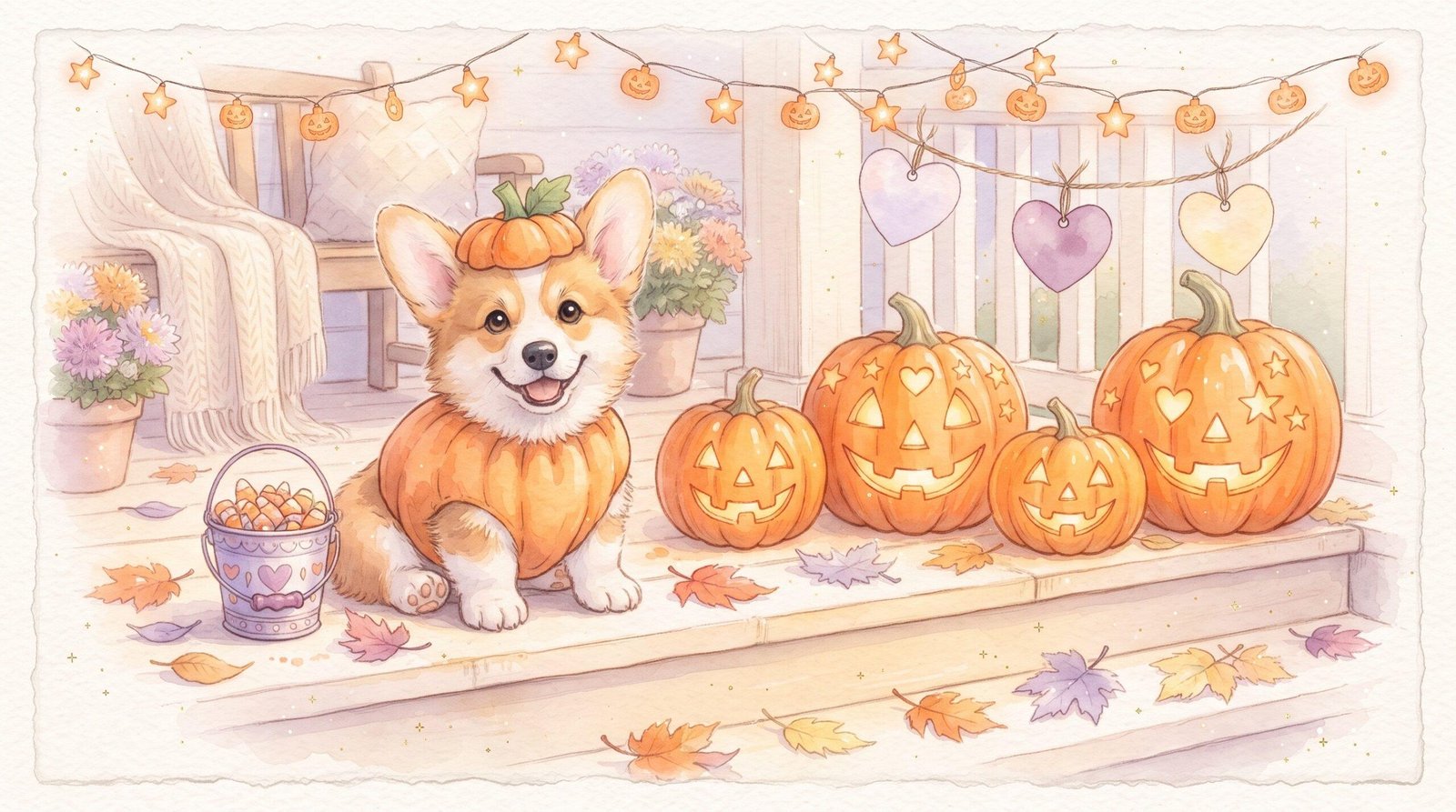 Watercolor illustration of a corgi in a pumpkin costume on a porch with jack-o-lanterns, pumpkin string lights, and a bucket of candy corn