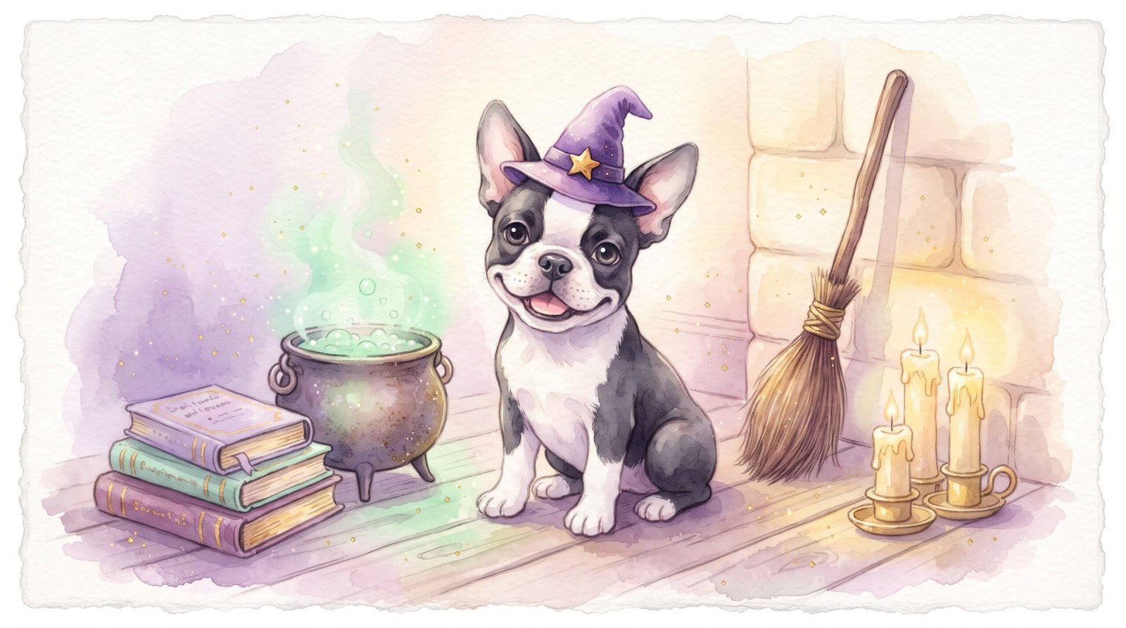 Watercolor illustration of a Boston terrier puppy in a purple witch hat beside a bubbling cauldron, spell books, a broom, and candles