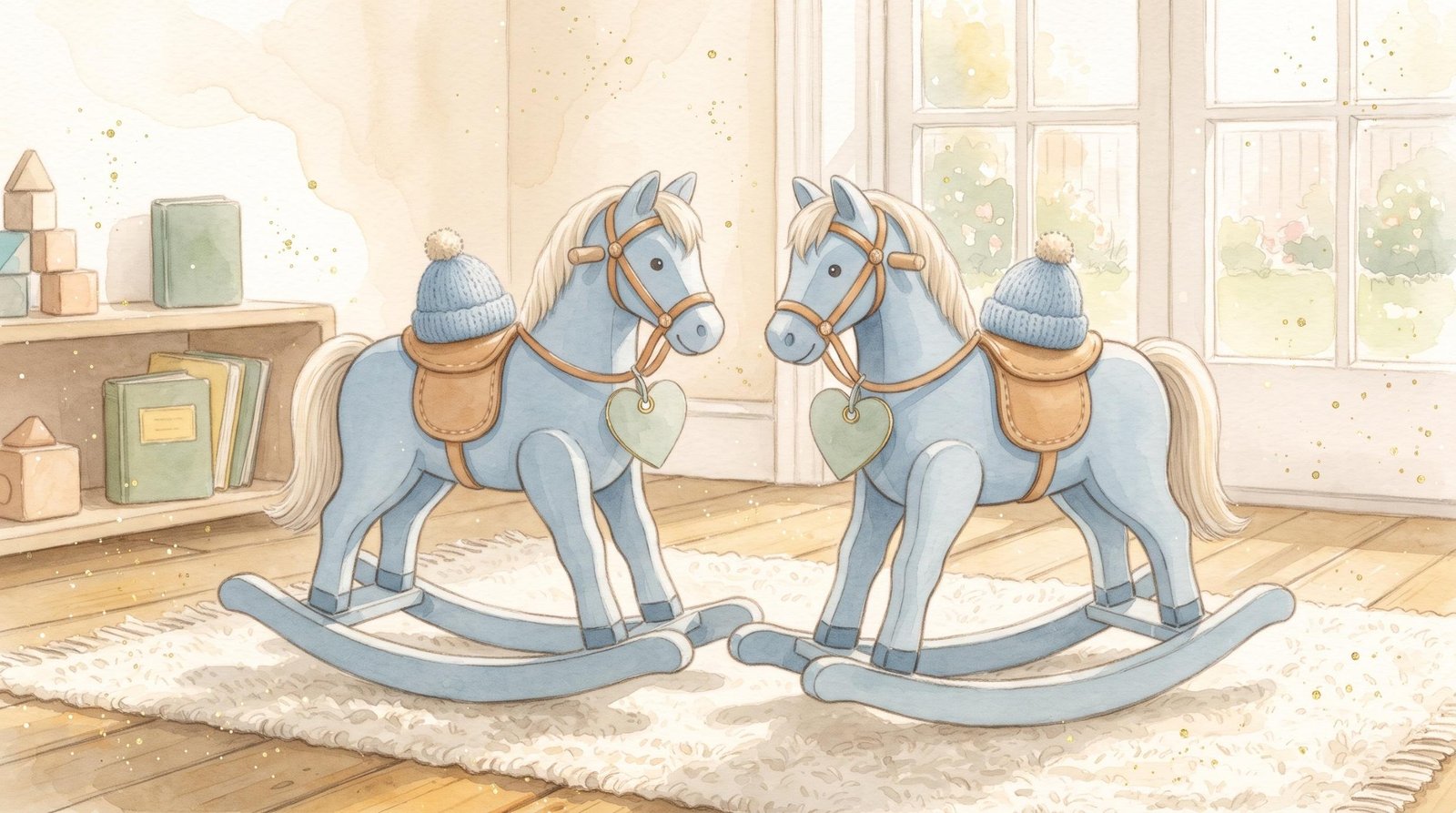 Watercolor illustration of two blue rocking horses with heart name tags facing each other in a bright nursery