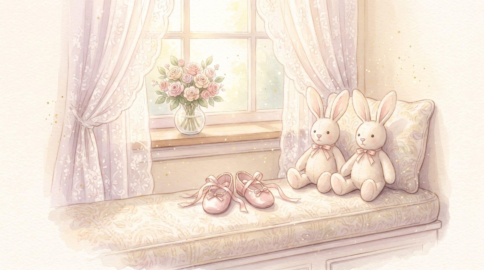 Watercolor illustration of two bunny plush toys with pink bows and a pair of pink ballet slippers on a window seat