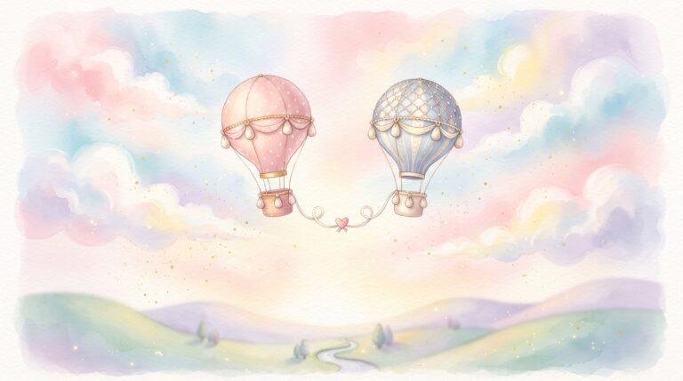 Watercolor illustration of two hot air balloons, one pink and one blue, tied together with a heart ribbon, floating over pastel hills