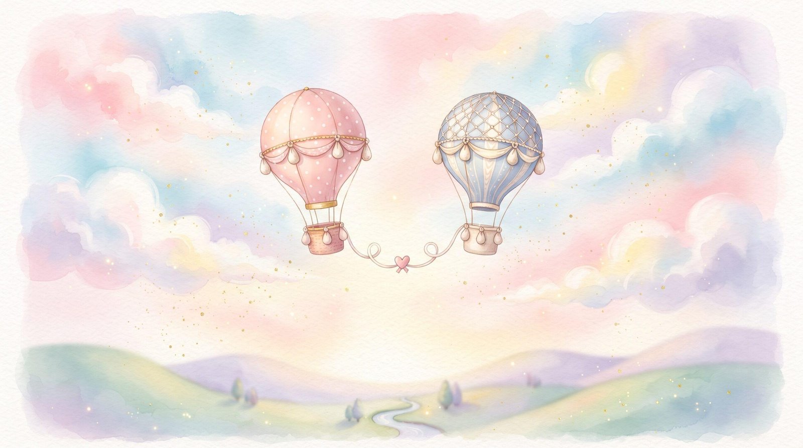 Watercolor illustration of two hot air balloons, one pink and one blue, tied together with a heart ribbon, floating over pastel hills