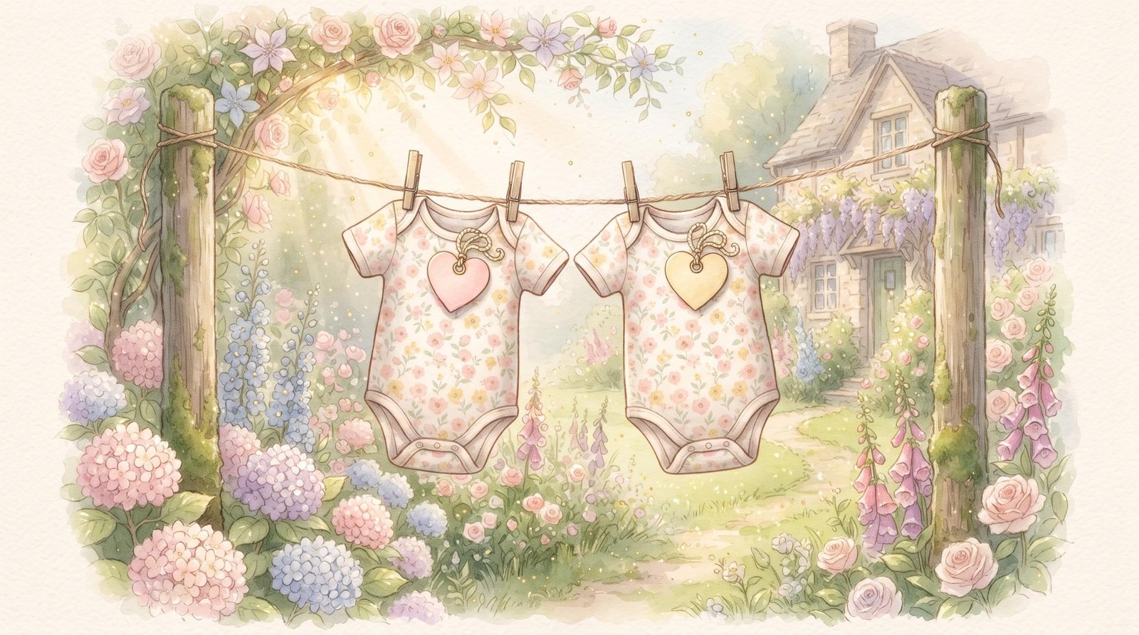 Watercolor illustration of two matching floral baby onesies with heart tags hanging on a clothesline in a cottage garden