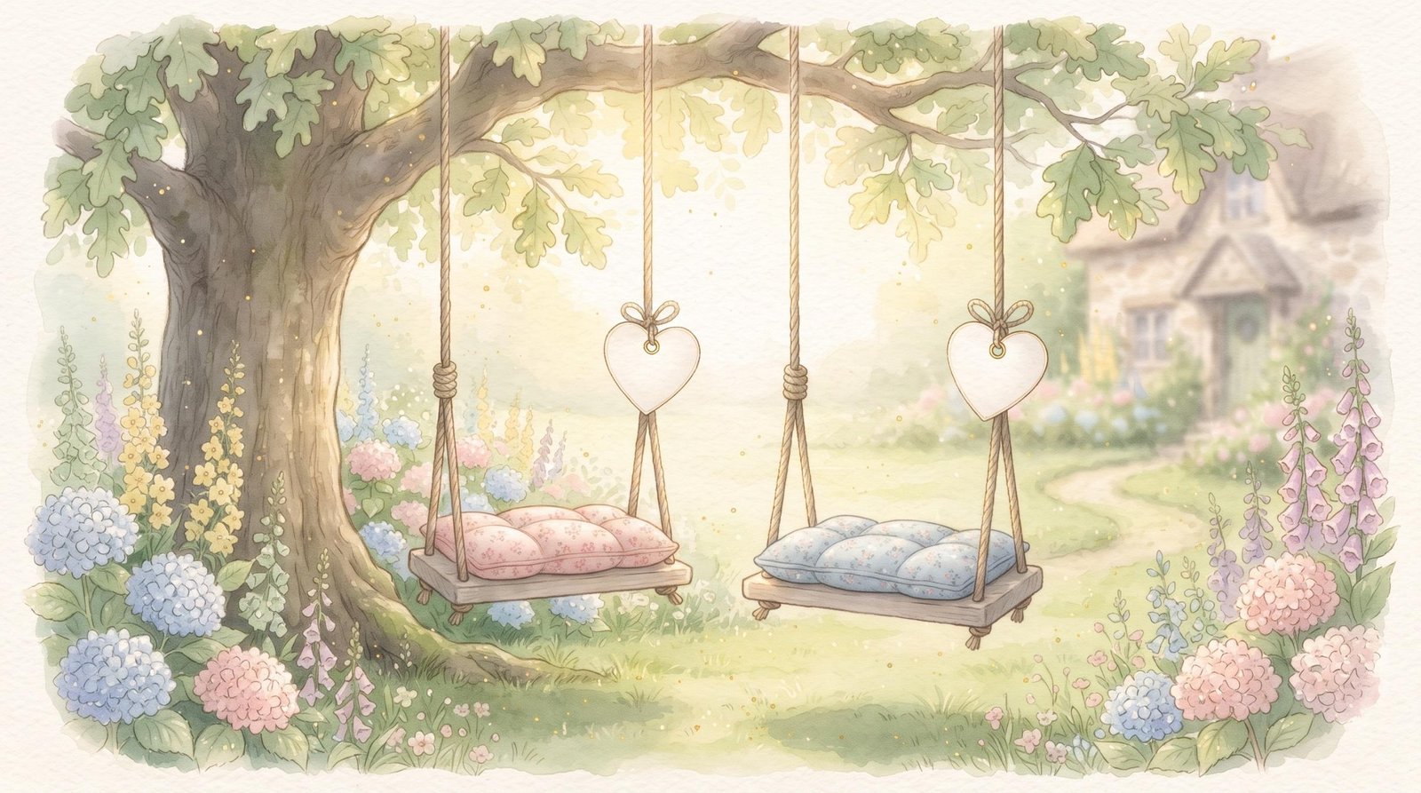 Watercolor illustration of two garden swings with pink and blue cushions and blank heart name tags, hanging from an oak tree in a cottage garden