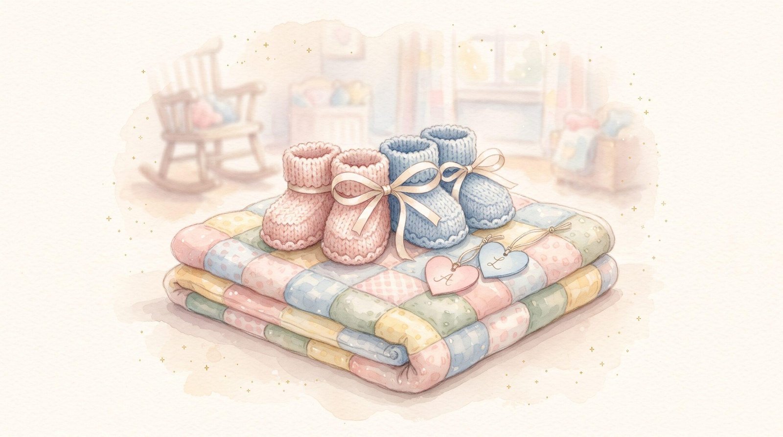 Watercolor illustration of two pairs of knitted baby booties, one pink and one blue, on a pastel patchwork quilt with heart name tags